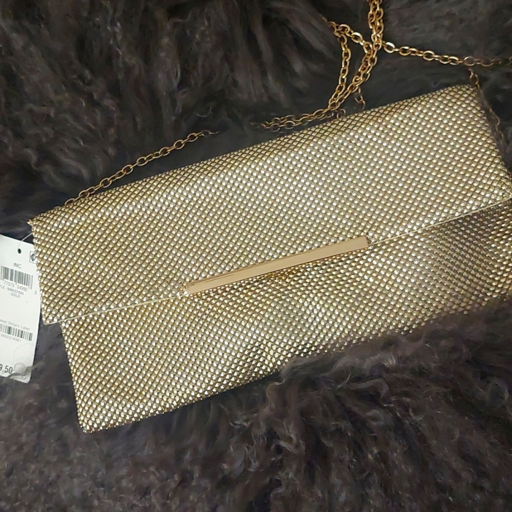 INC gold metal mesh clutch bag with detachable chain shoulder strap